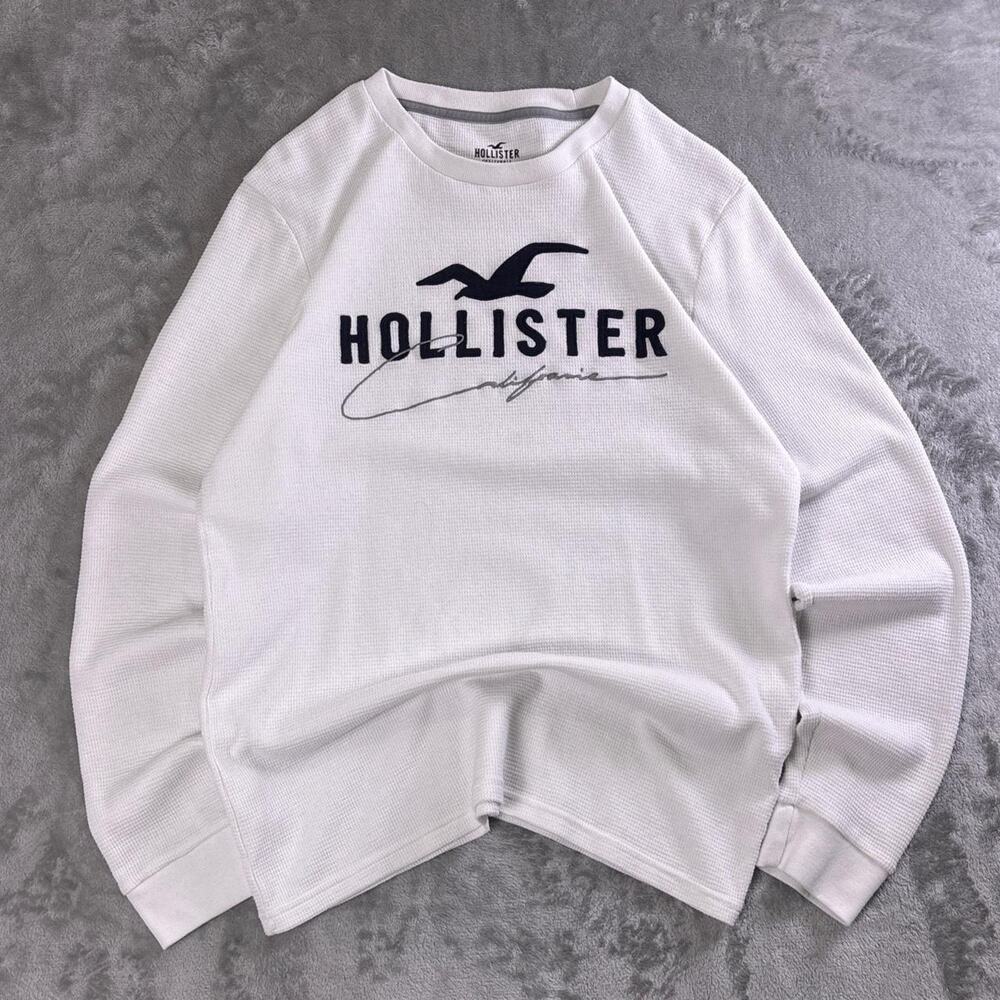 Hollister Shirt Men Small White Waffle Knit Logo Cotton Long Sleeve Crew Neck